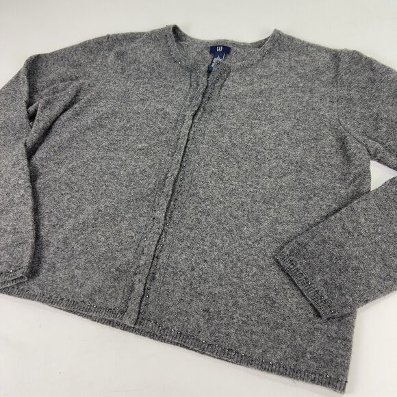 Gap Cardigan Sweater Women’s L Lambswool Blend Heather Gray Snap Beaded Cropped - Picture 4 of 15